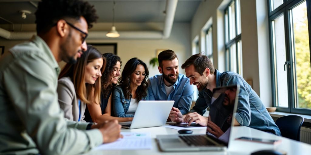 Group of people collaborating on a laptop in a workspace.