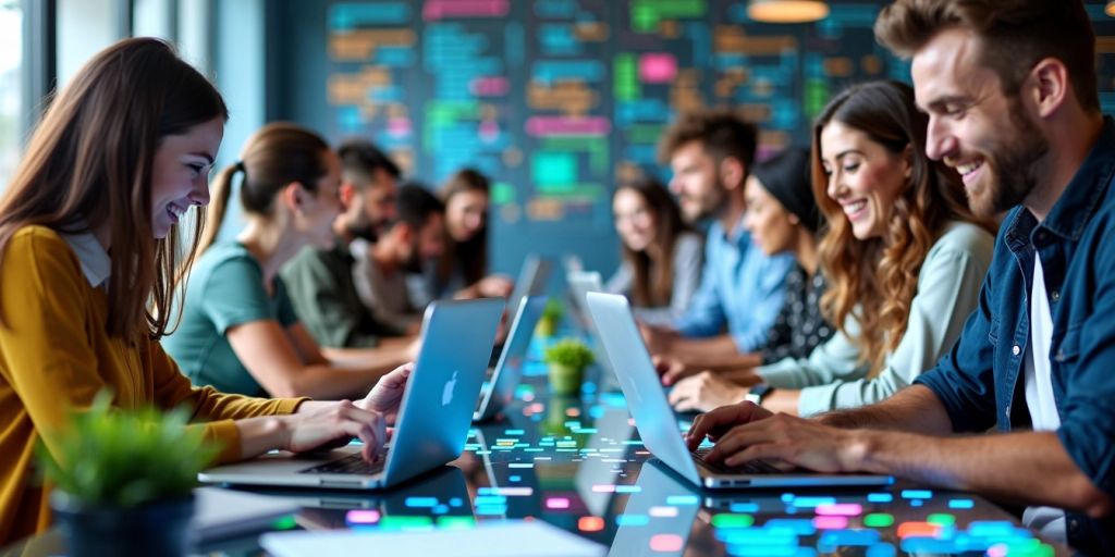 Group of people coding on laptops in a vibrant workspace.