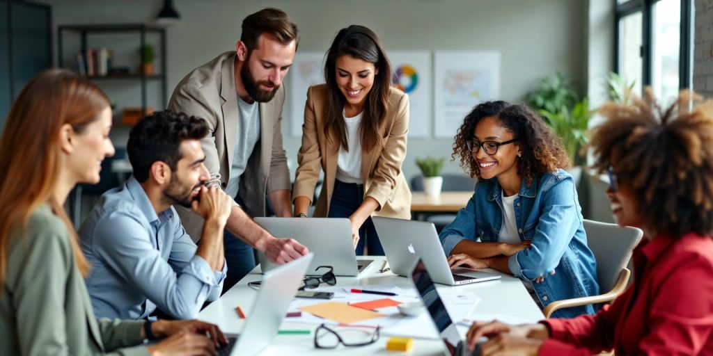 Group of people collaborating in a modern workspace.