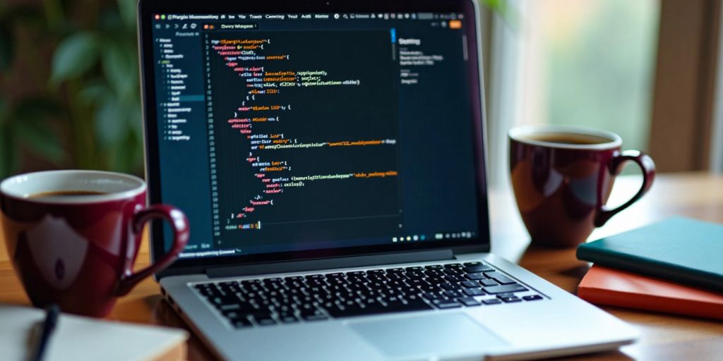 Laptop displaying JavaScript code on a wooden desk.