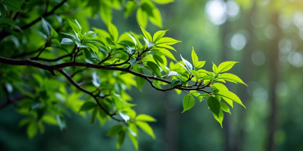 Close-up of a binary tree structure with green leaves.