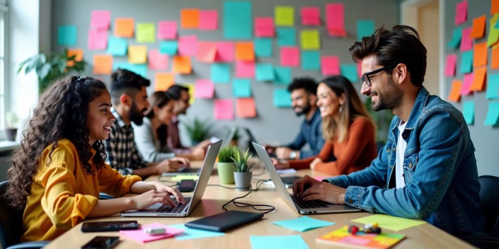 Diverse people coding on laptops in a vibrant workspace.