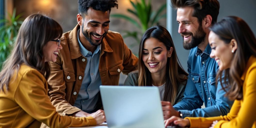 Group of people collaborating on a laptop.