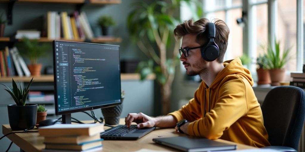 Young developer working on a laptop in a bright office.