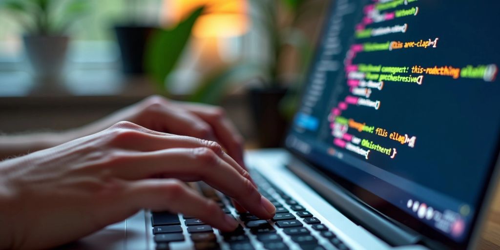 Hands typing on a keyboard with a computer screen.