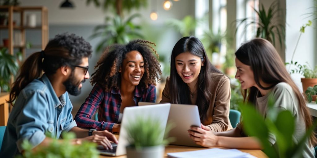 Group of people collaborating on a laptop in an office.