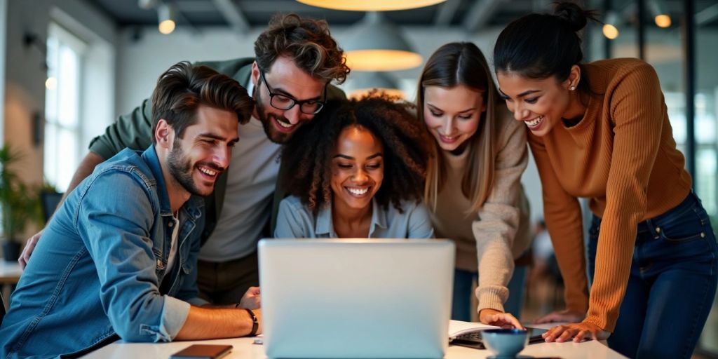 Group of young professionals collaborating on a laptop.