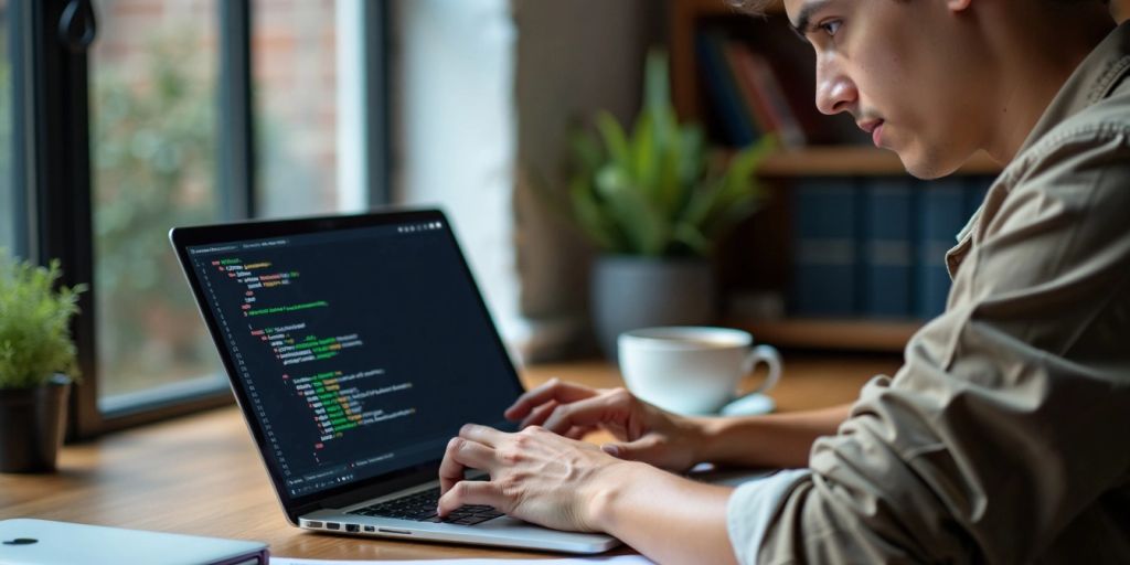 Person coding on a laptop with notes and coffee.