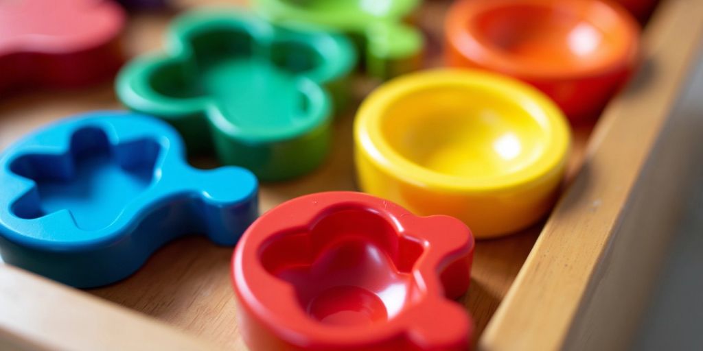 Colorful sorting tools on a wooden surface.