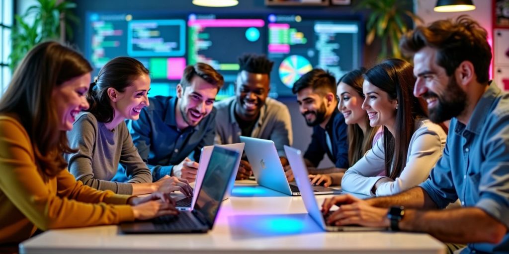 Group of people coding together in a bright environment.