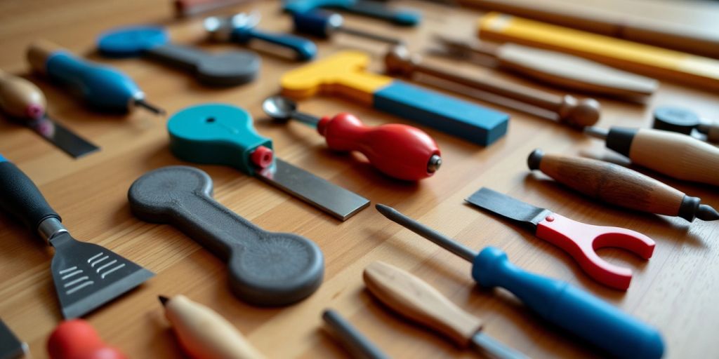 Various sorting tools on a wooden surface.