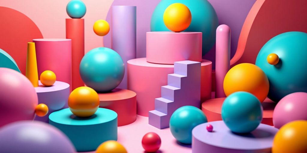 Colorful 3D geometric shapes representing web development concepts.