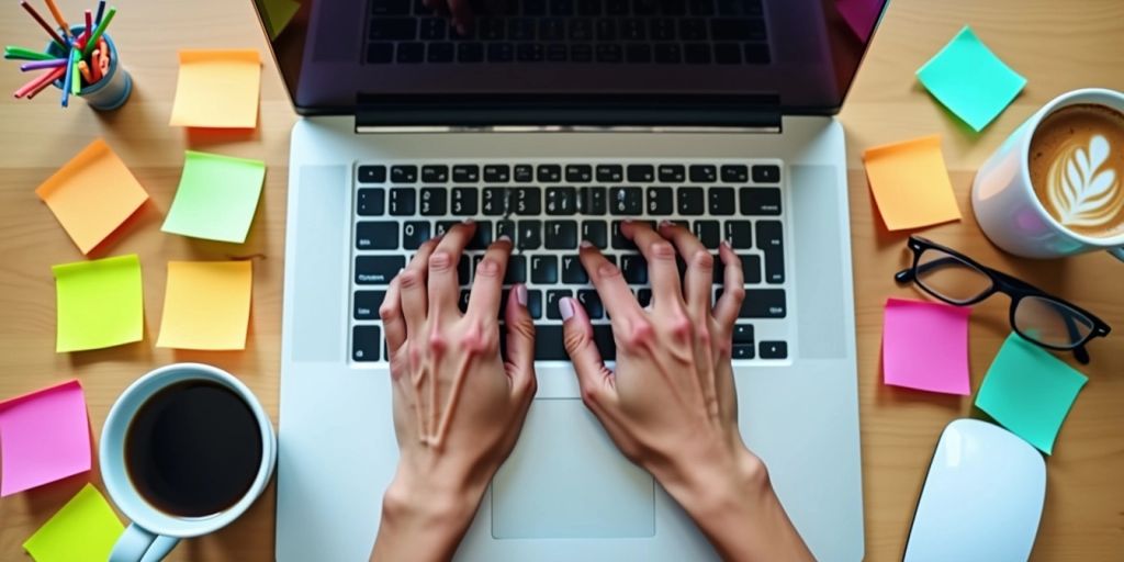 Hands typing on a laptop surrounded by sticky notes.