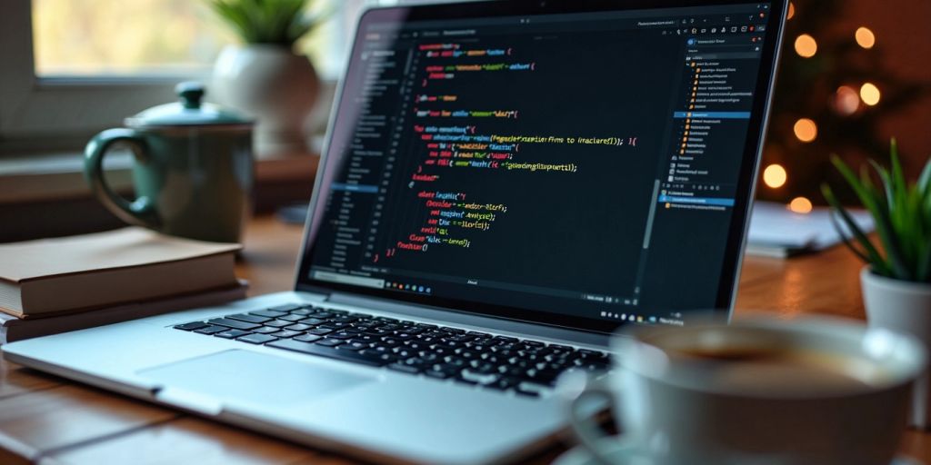 Laptop keyboard with C++ code and coffee cup.